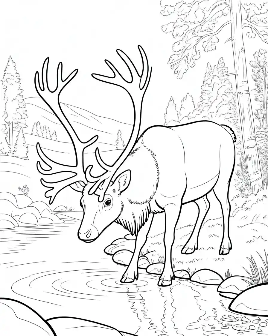 reindeer drinking from forest stream coloring page 1