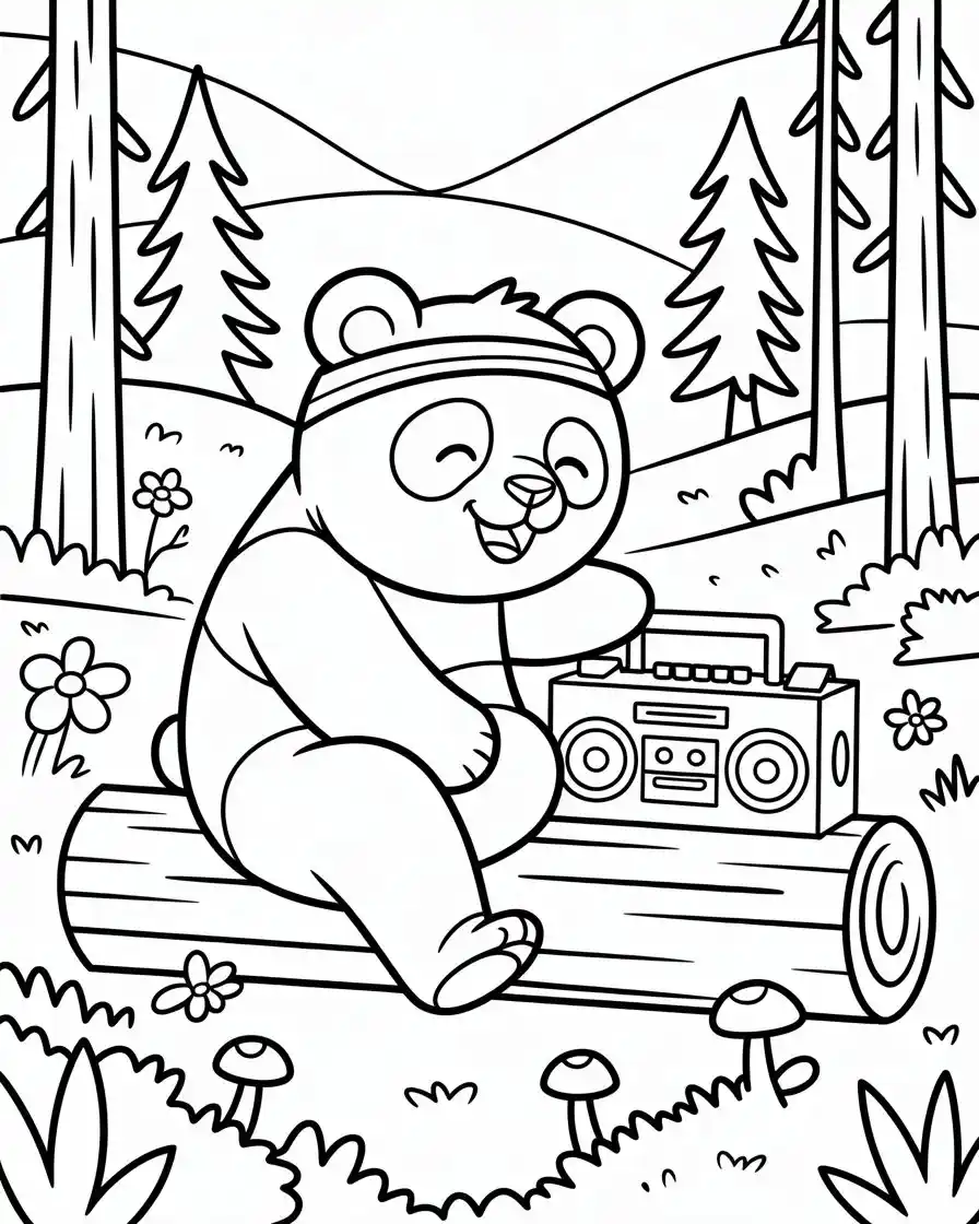 retro forest panda listening to boombox