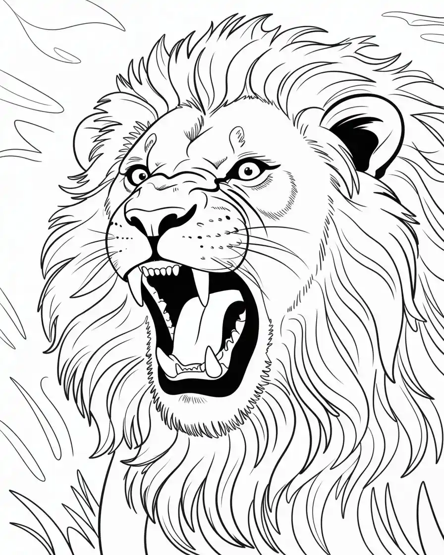 roaring lion closeup coloring page