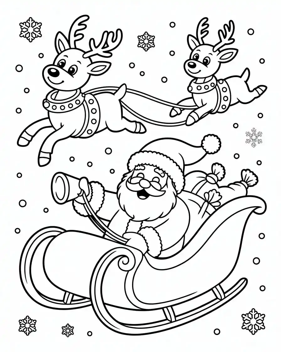 santa flying sleigh with reindeer coloring page 1