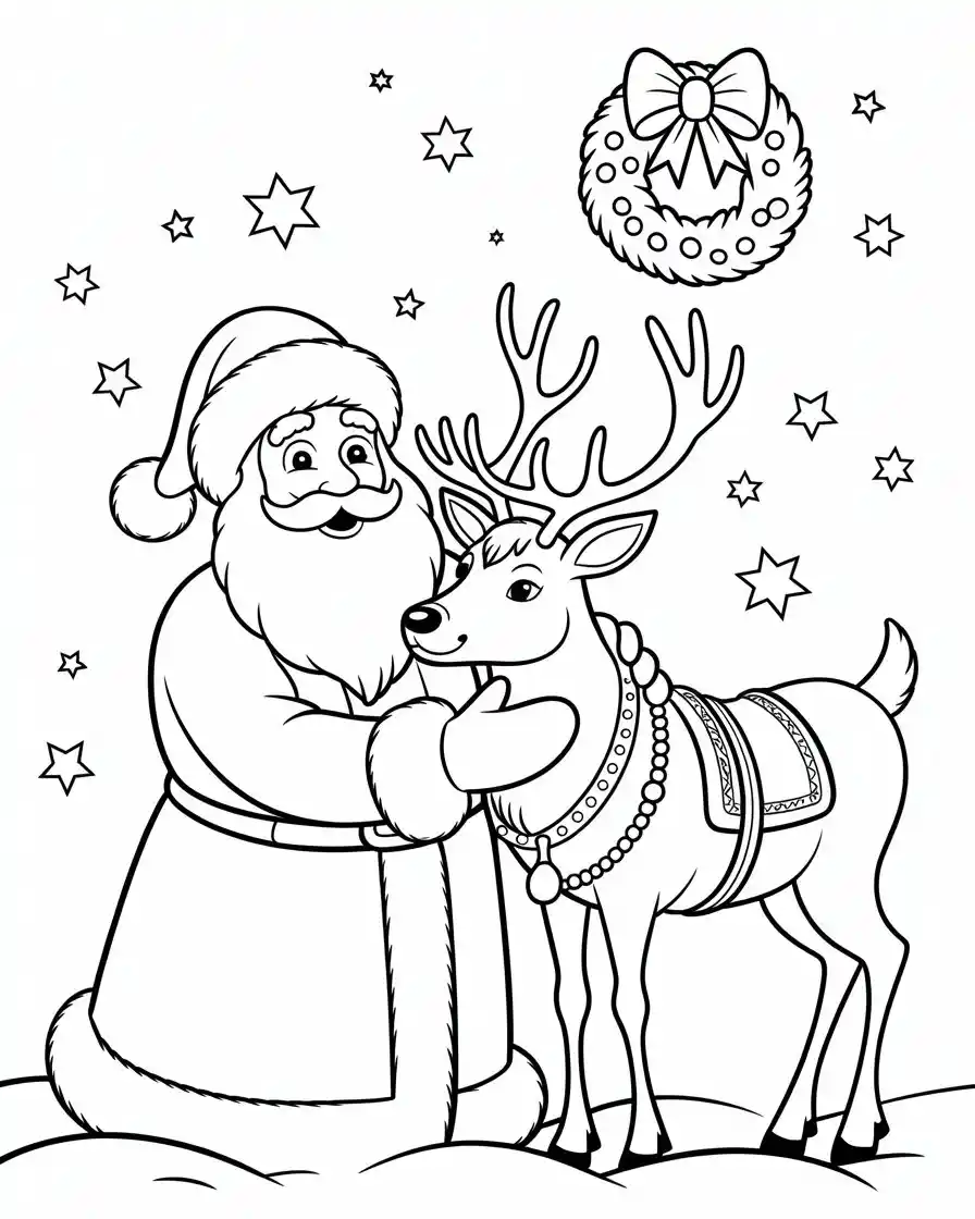santa hugging reindeer christmas coloring page 1