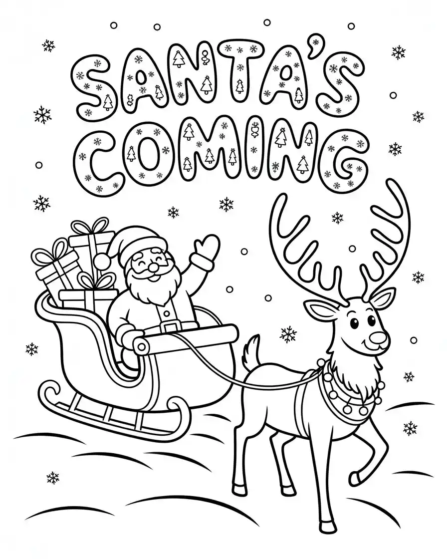 santa sleigh reindeer christmas coloring page