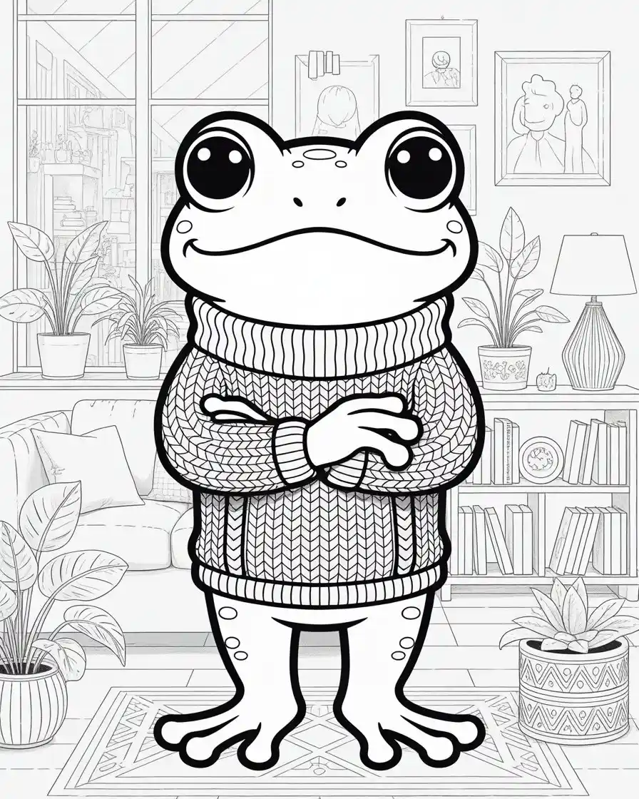 serious frog in a sweater coloring page