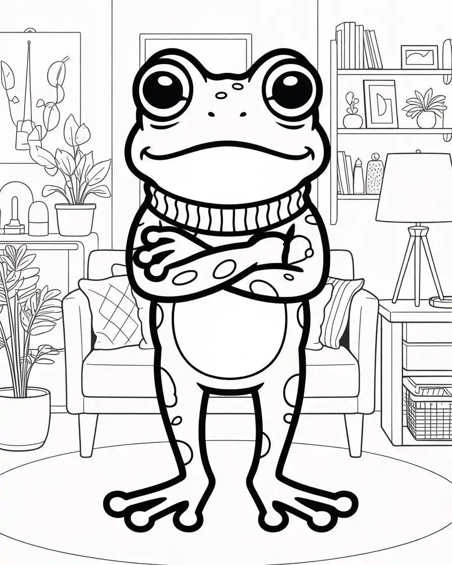 serious frog in a sweater coloring page