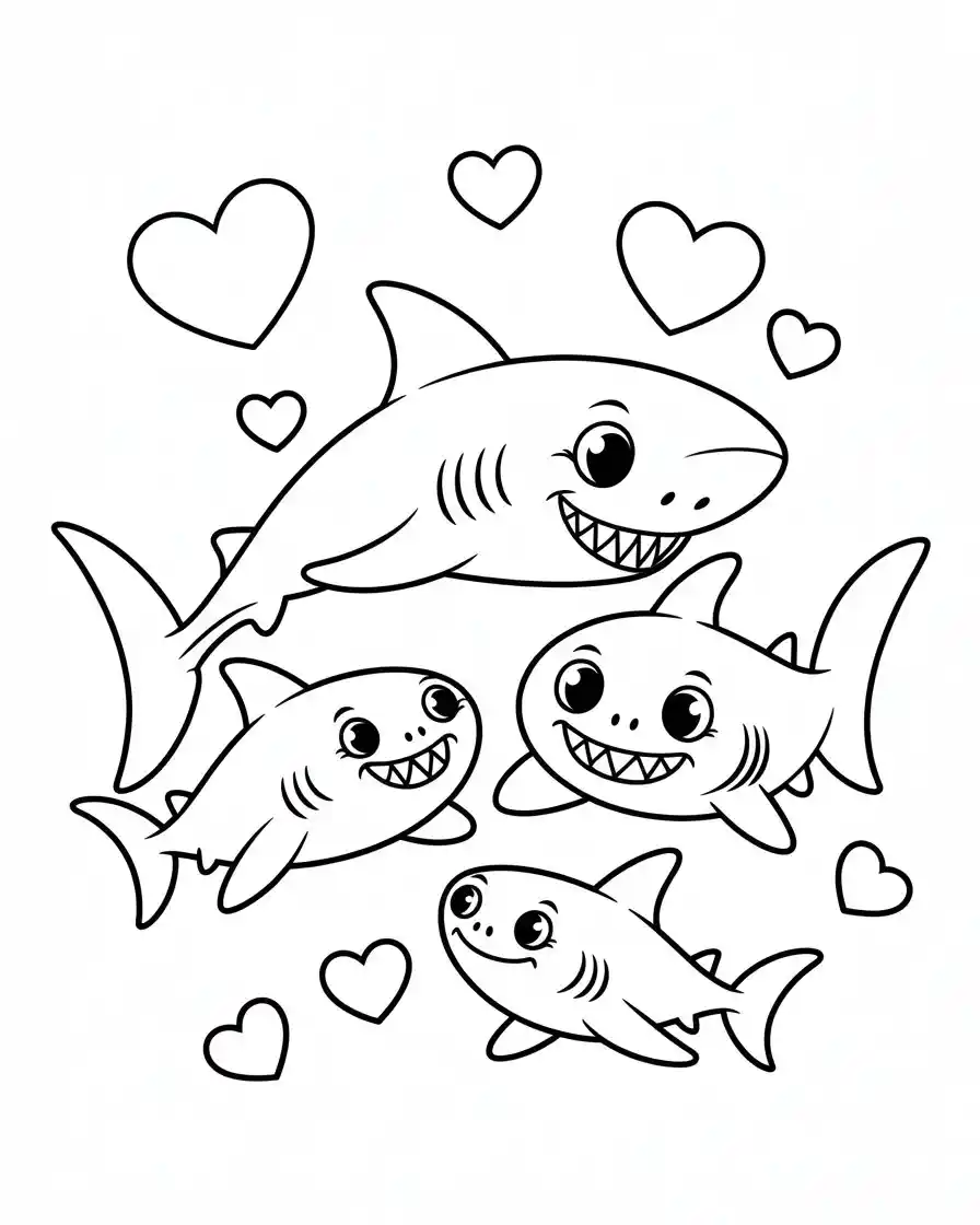 shark family with hearts coloring page