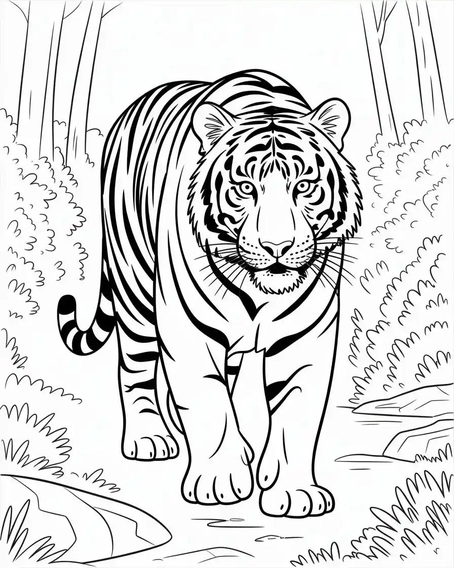 siberian tiger walking in forest coloring page