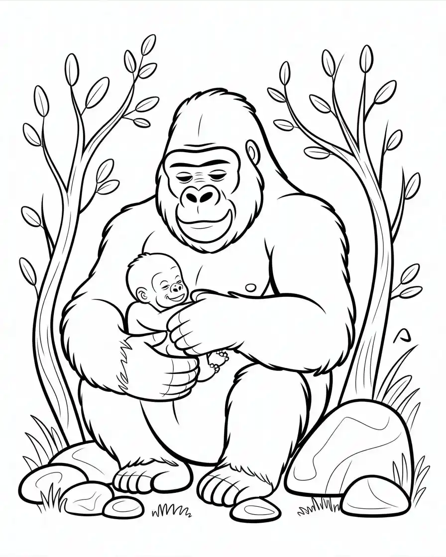silverback gorilla holding baby coloring page
