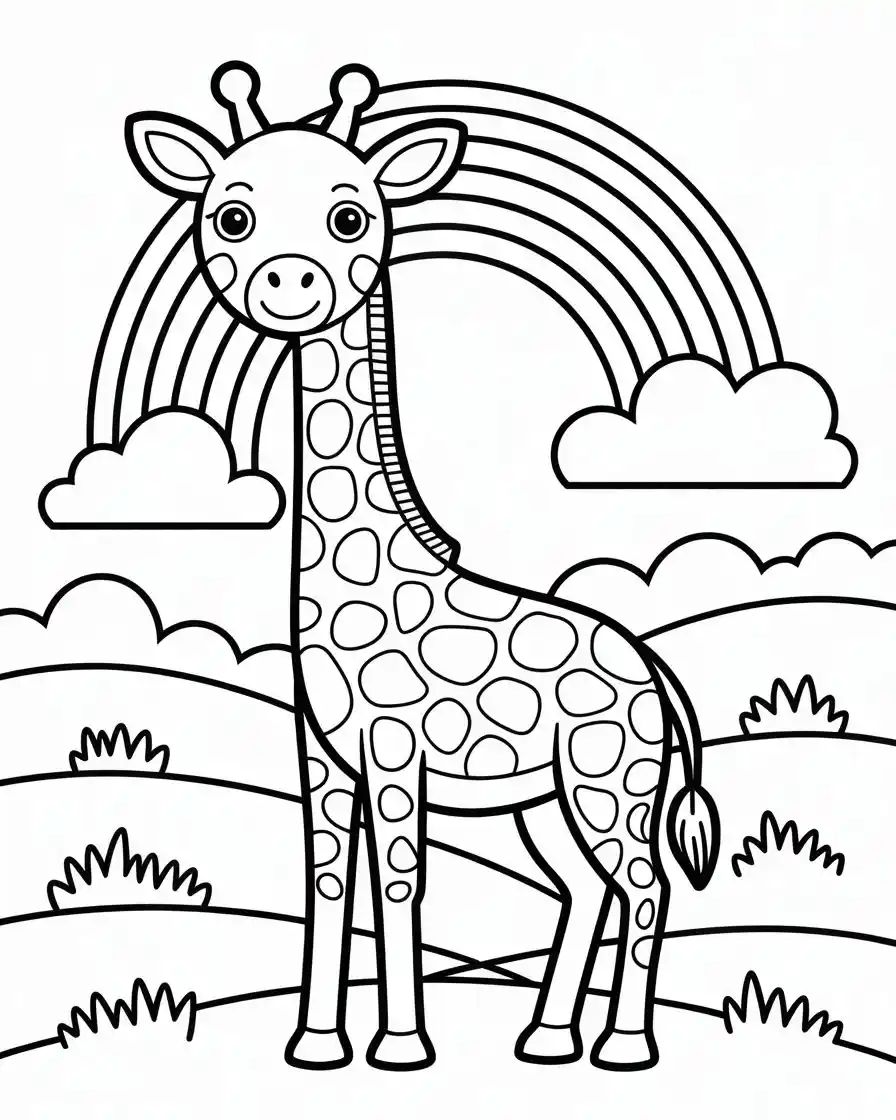 simple giraffe coloring page with rainbow 1