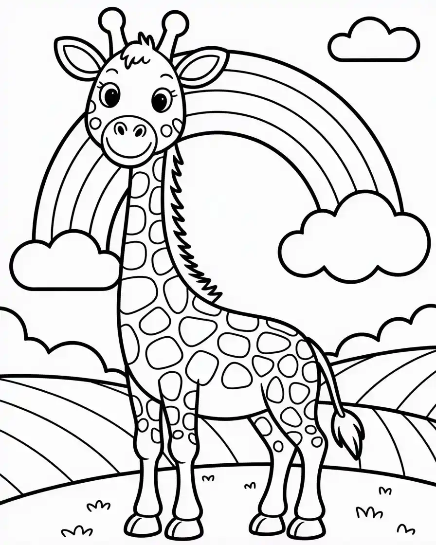 simple giraffe coloring page with rainbow