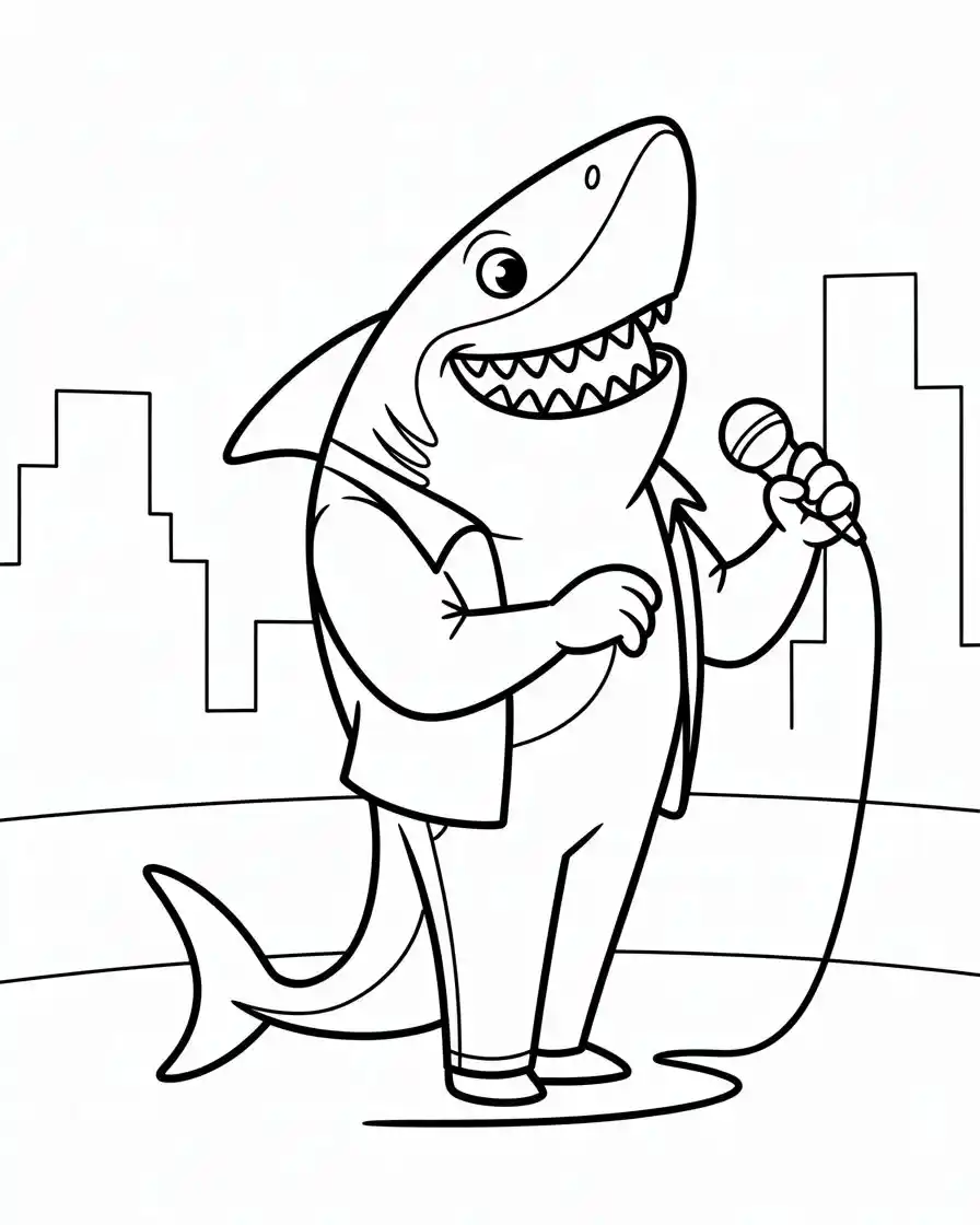 singing shark with microphone coloring page 1