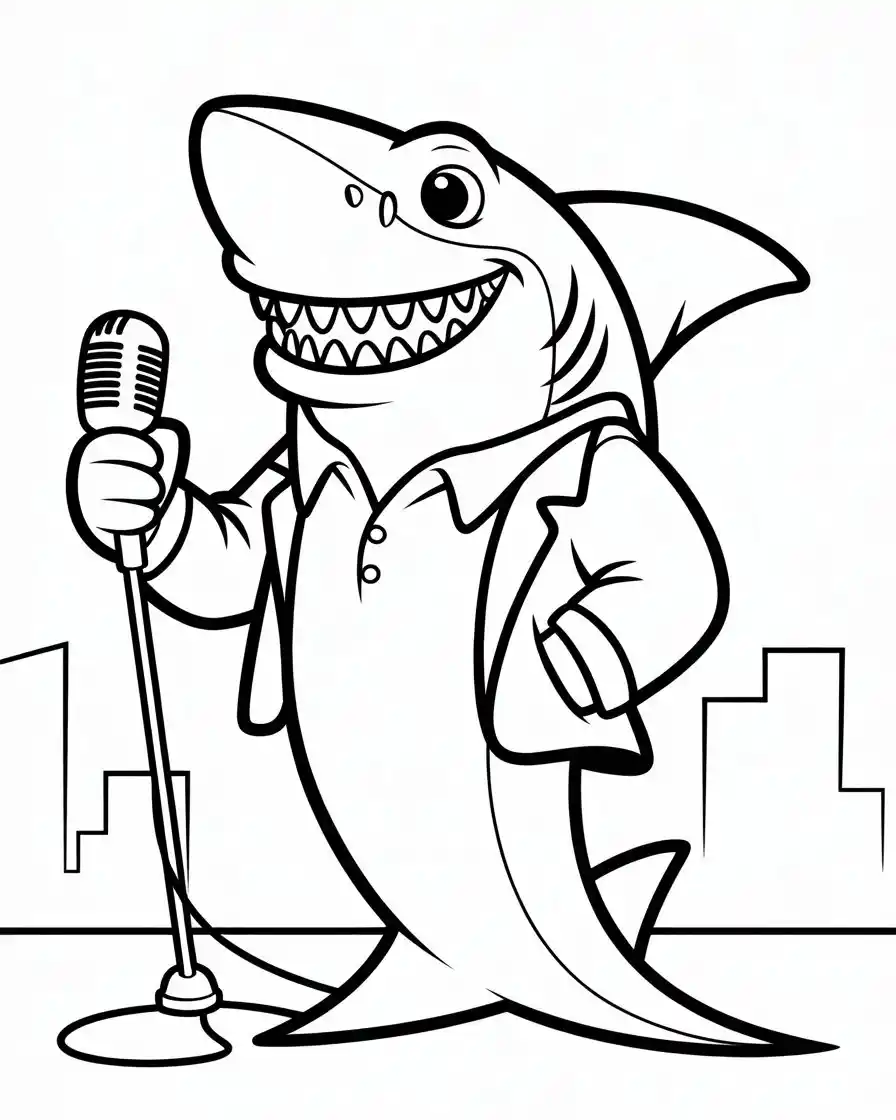 singing shark with microphone coloring page