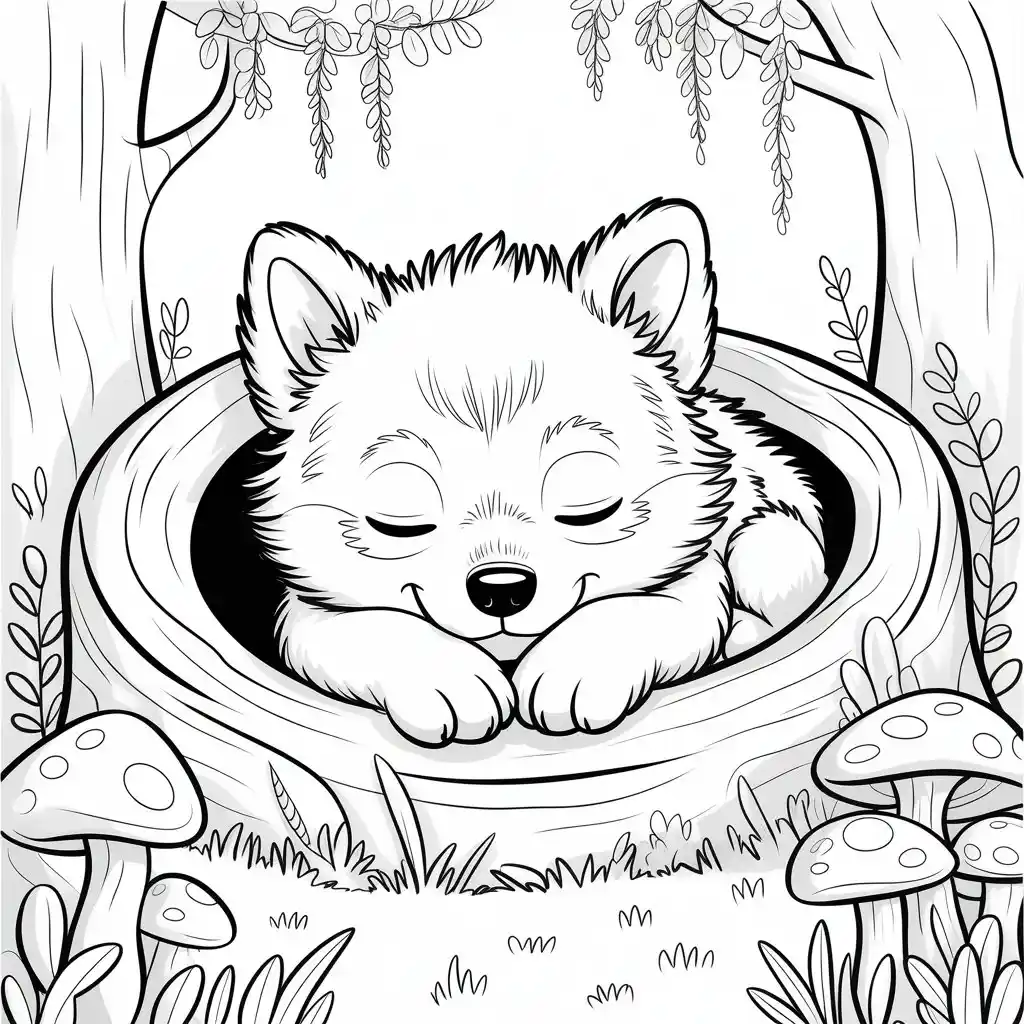 sleeping wolf pup tree hollow coloring page