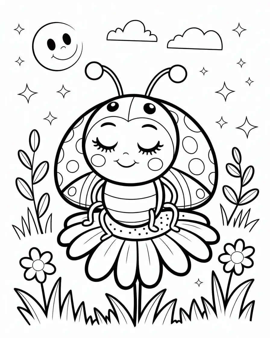 sleepy ladybug on flower coloring page