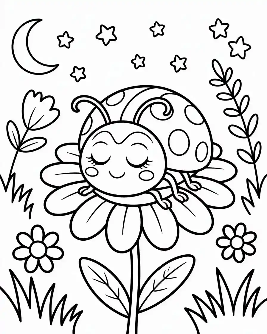 sleepy ladybug on flower coloring page 3