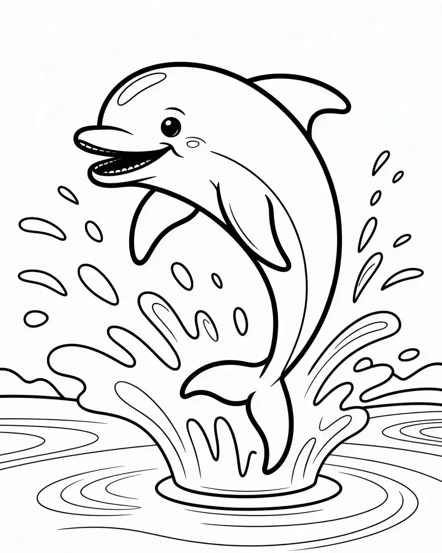 smiling dolphin splashing in water coloring page