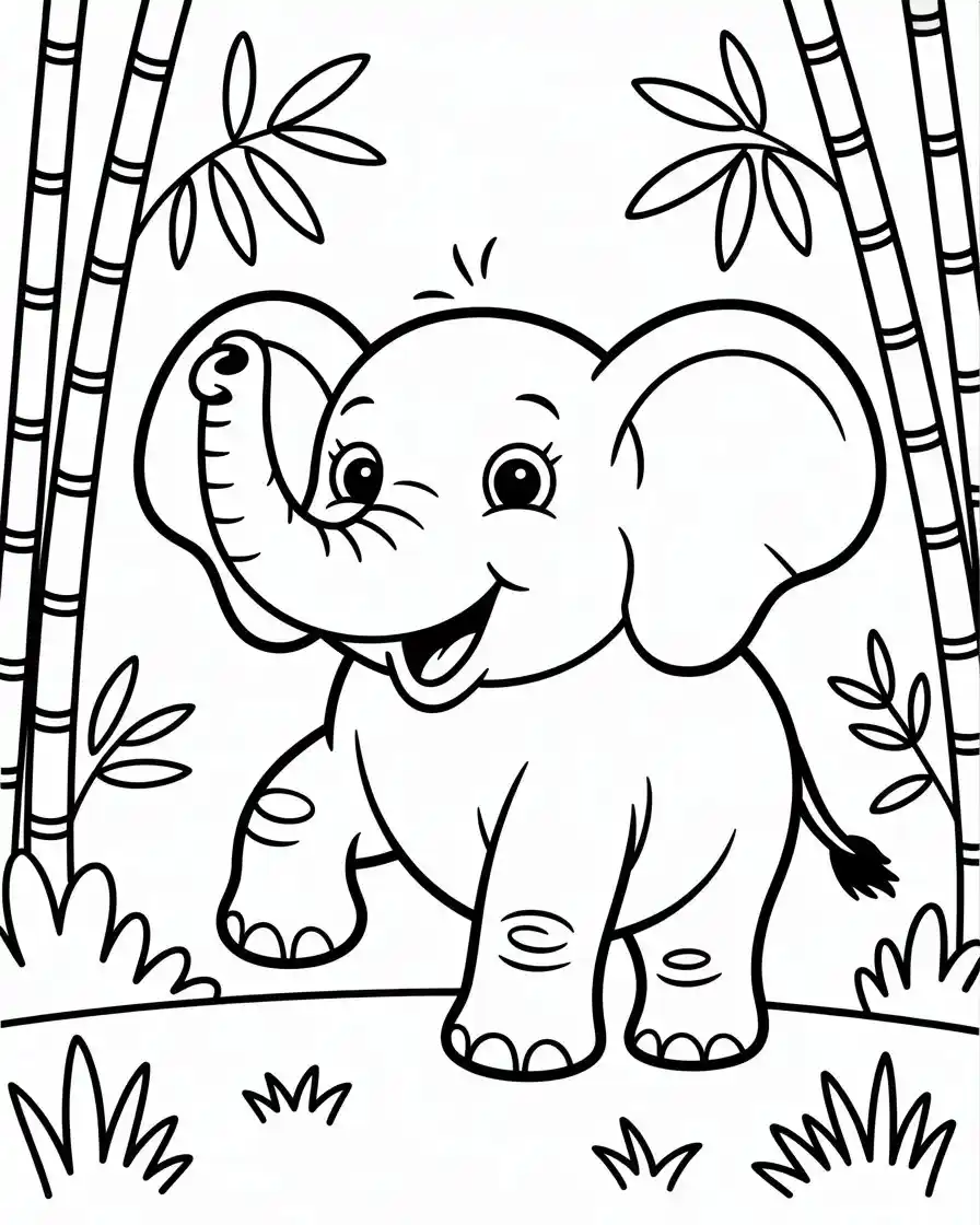 smiling elephant bamboo forest coloring page 1