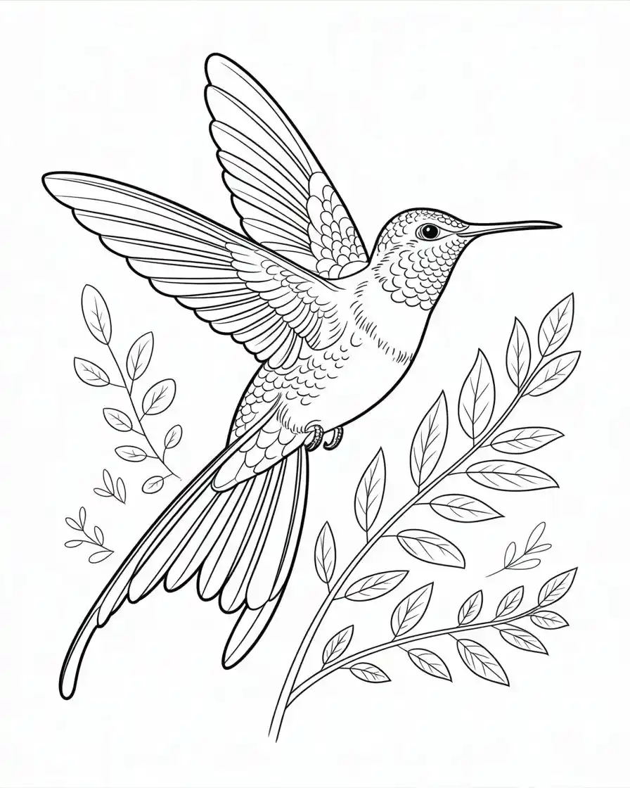 swallow tailed hummingbird flying near leaves coloring page