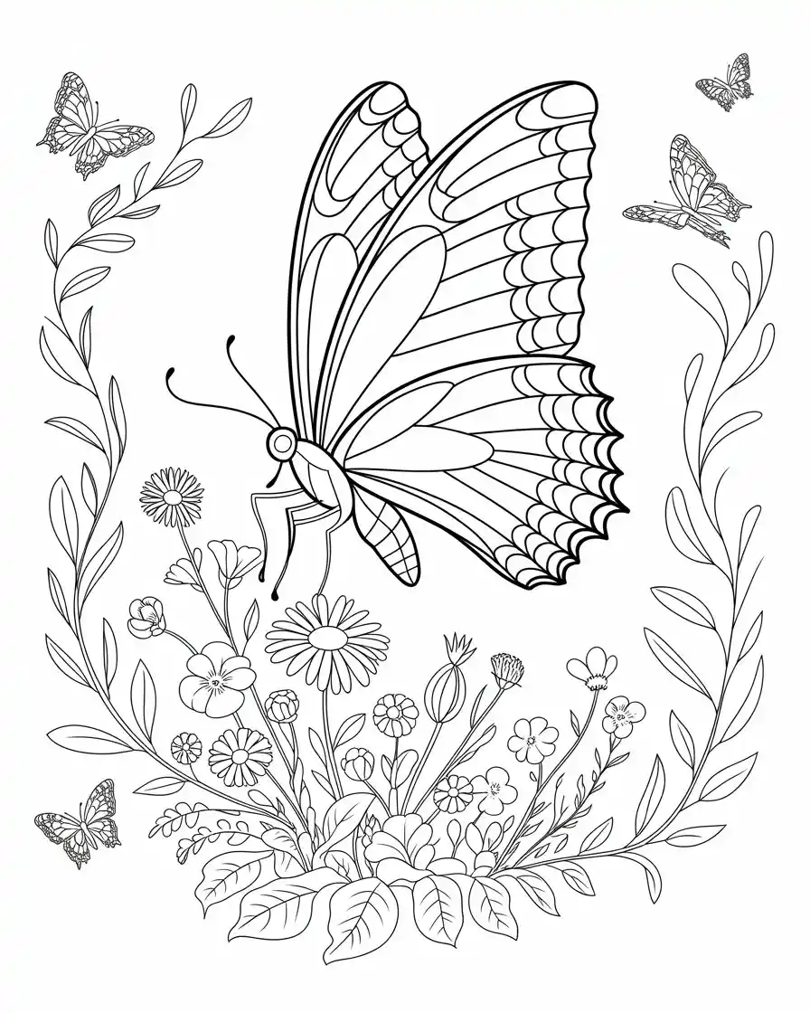 swallowtail butterfly perched on flowers and leaves coloring sheet