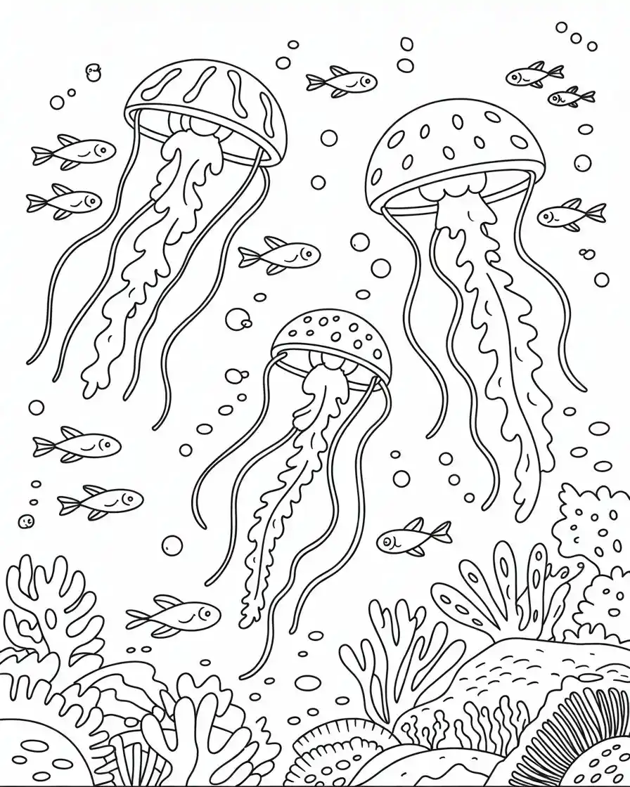 three jellyfish underwater coloring page 1