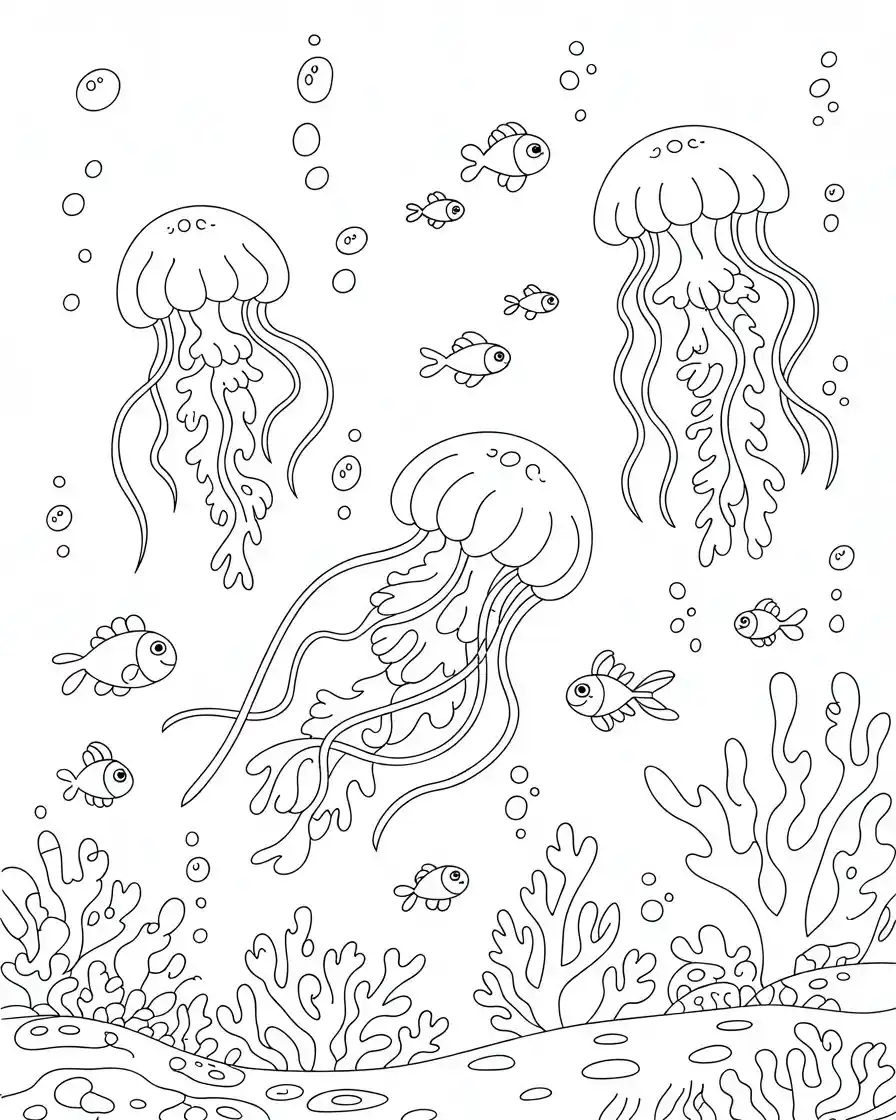 three jellyfish underwater coloring page