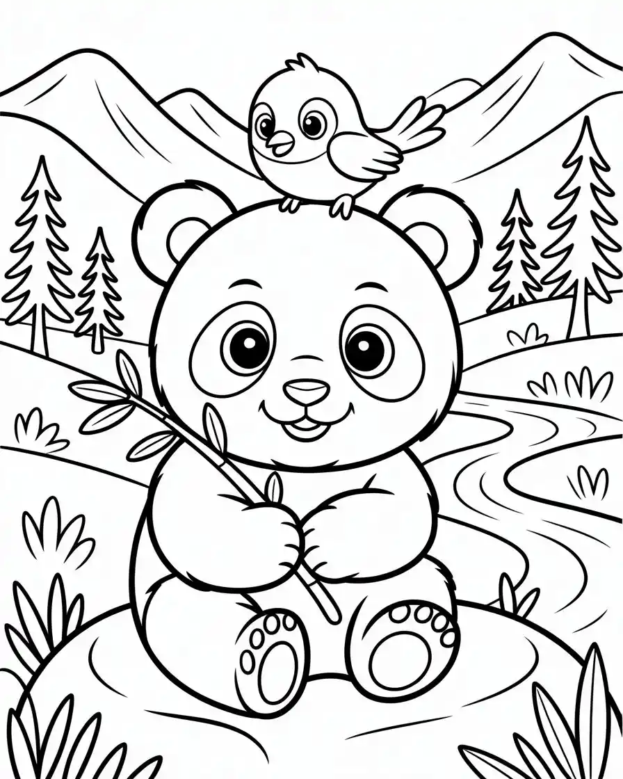 tiny bird sitting on baby panda's head coloring sheet