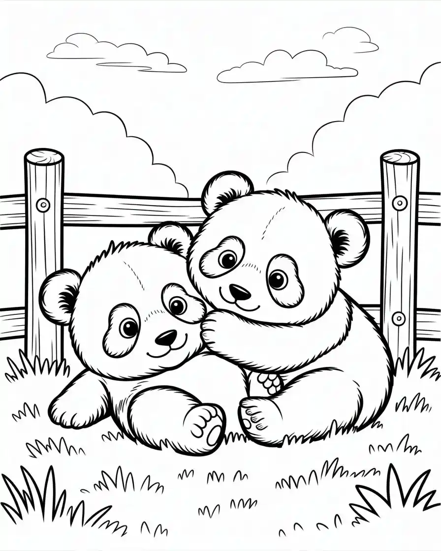 two baby pandas playing coloring sheet