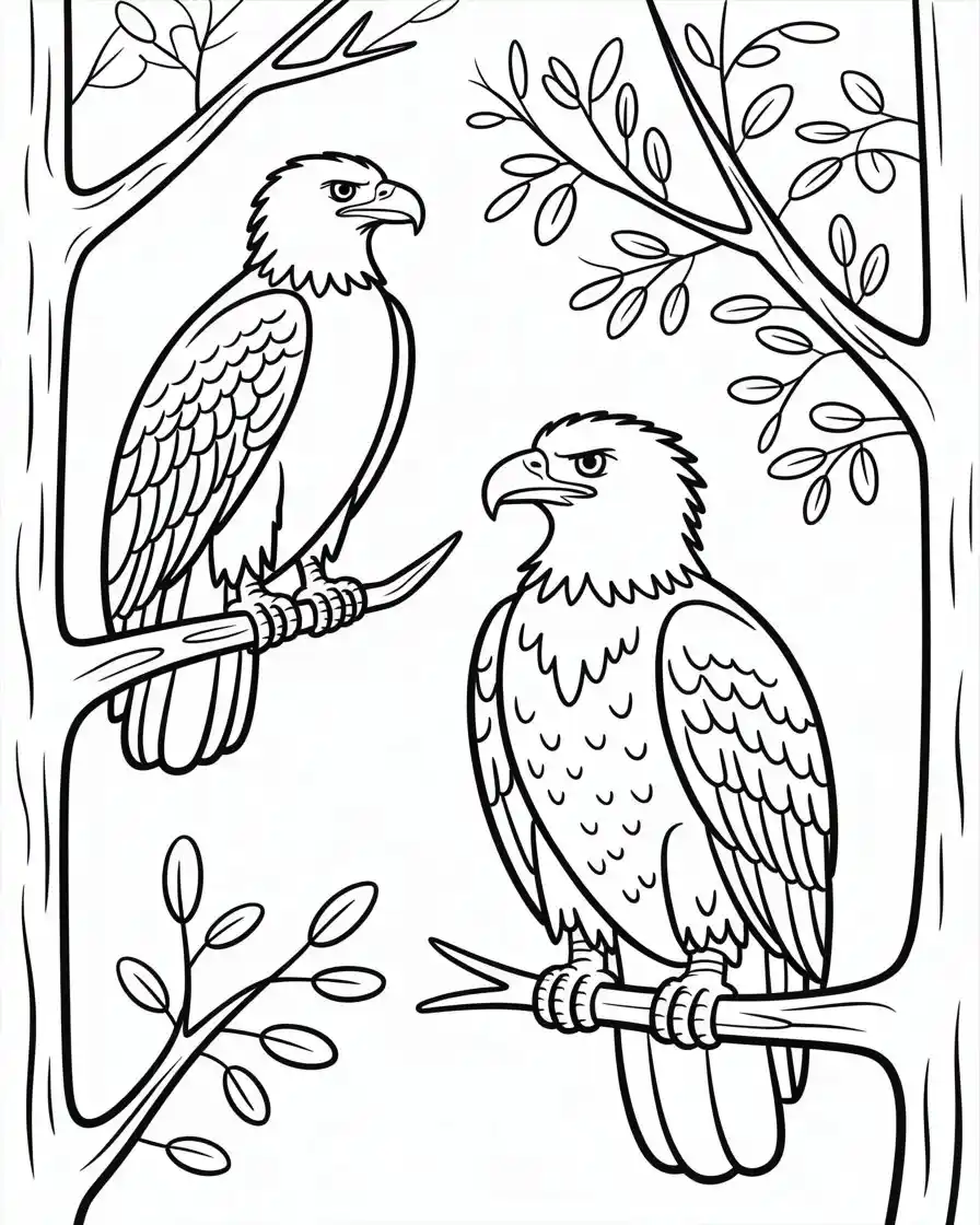 two bald eagles on tree coloring page 1
