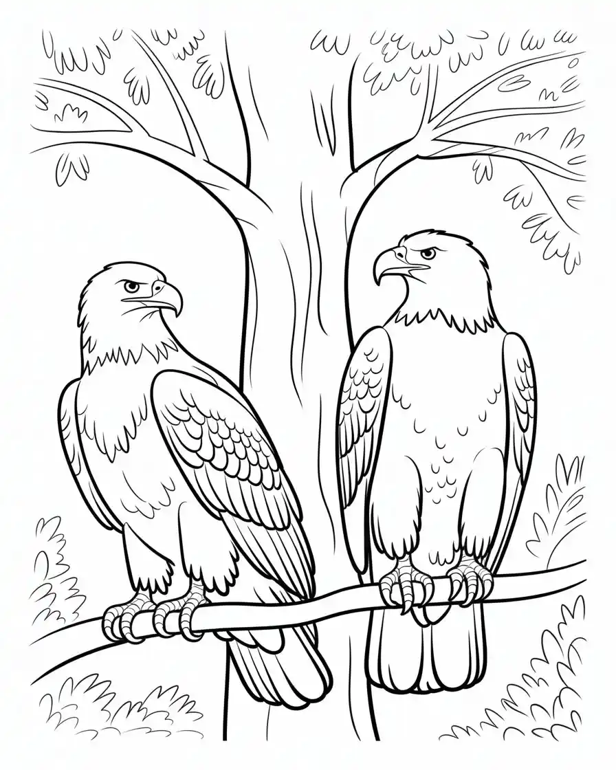 two bald eagles on tree coloring page
