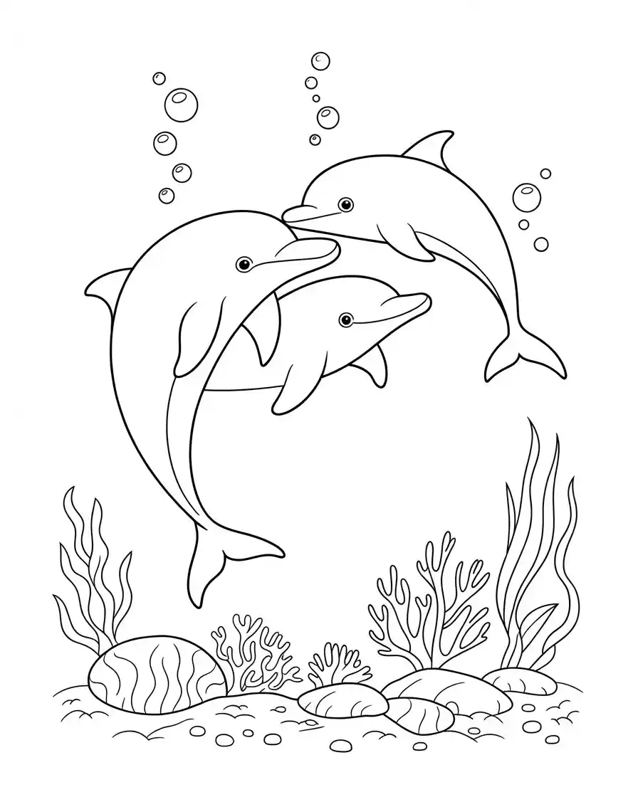 two dolphins swimming reef coloring page