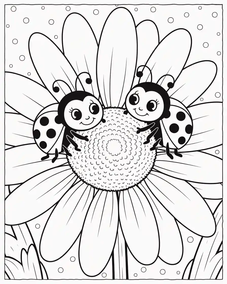 two ladybugs on flower coloring page