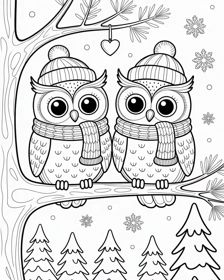 winter owls coloring page 1