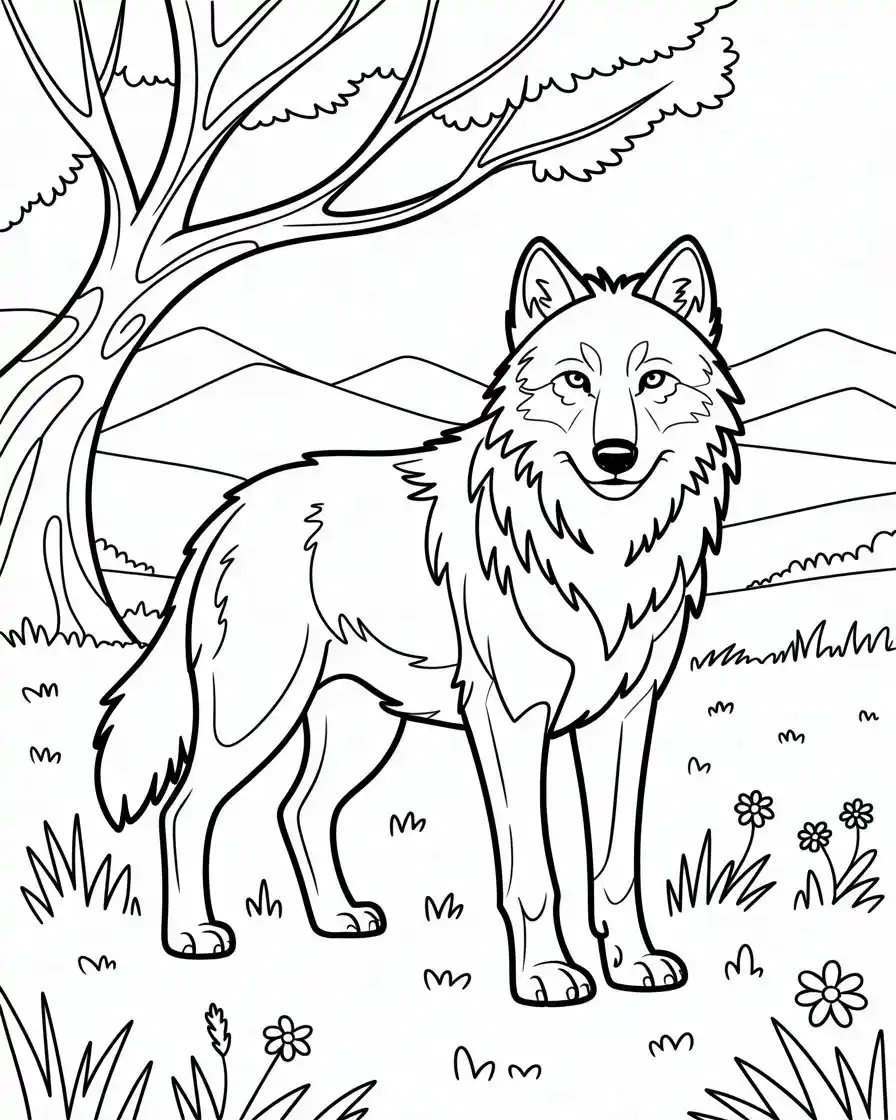 wolf in open field coloring page