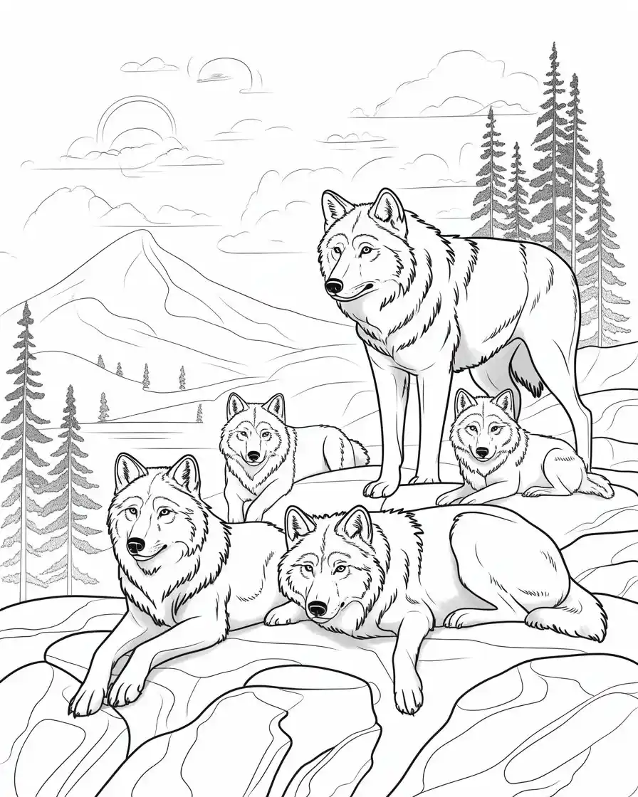 wolf pack on rocks coloring page