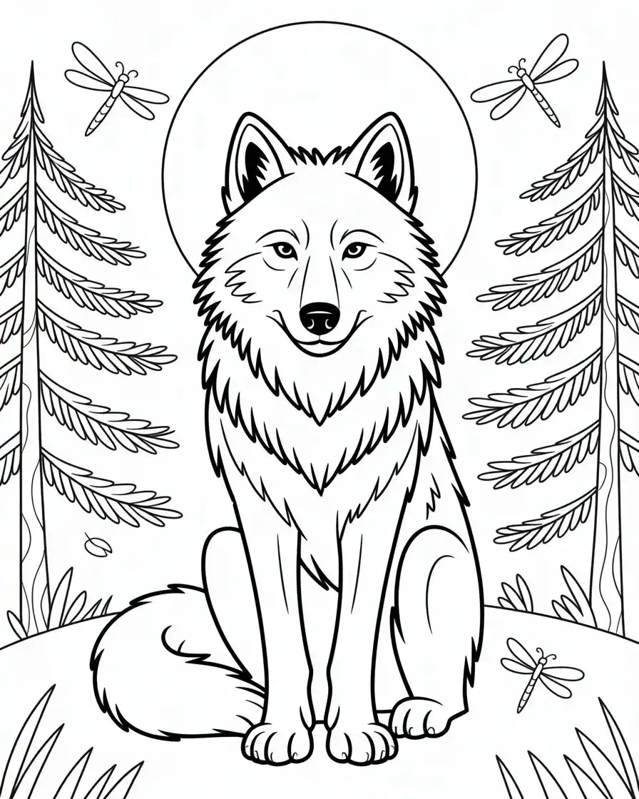 wolf sitting in forest clearing coloring page