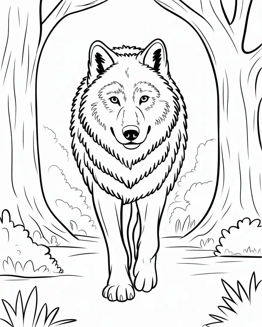 wolf walking in forest coloring page