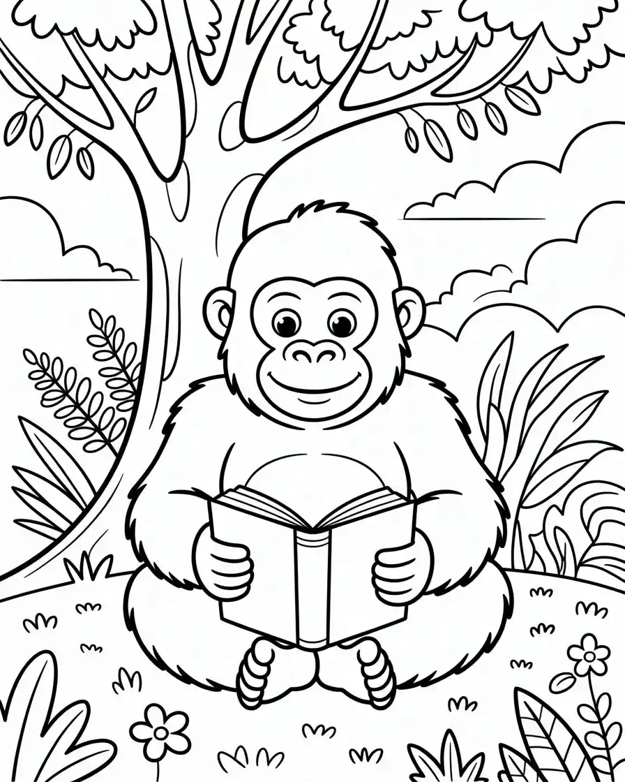 young gorilla reading under a tree coloring page 1