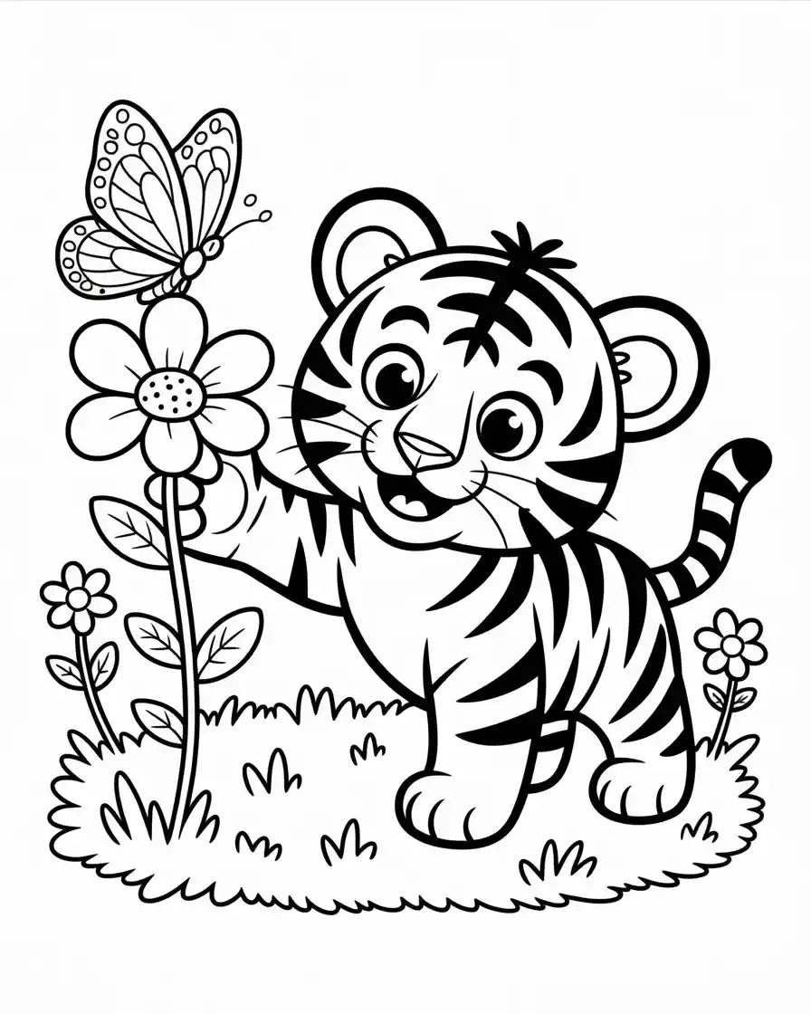 cute baby tiger flower butterfly line art