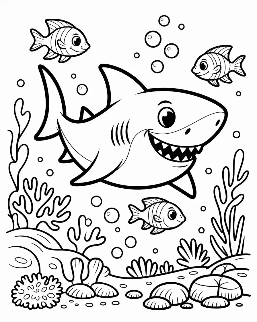 cute ocean shark coral reef outline illustration