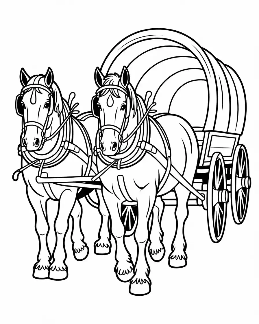 draft horses pulling wagon coloring page