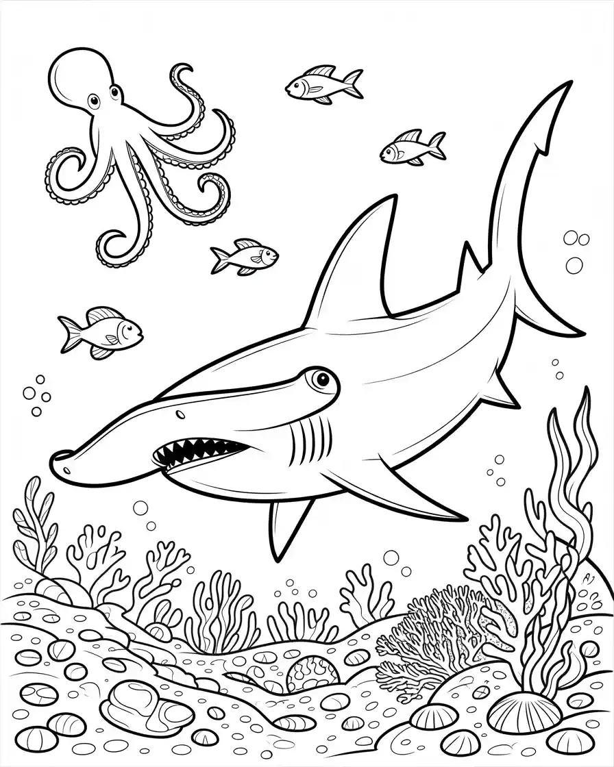hammerhead shark and octopus underwater