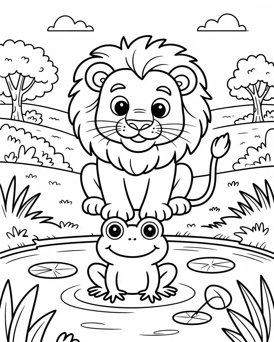 lion and frog by the pond coloring page