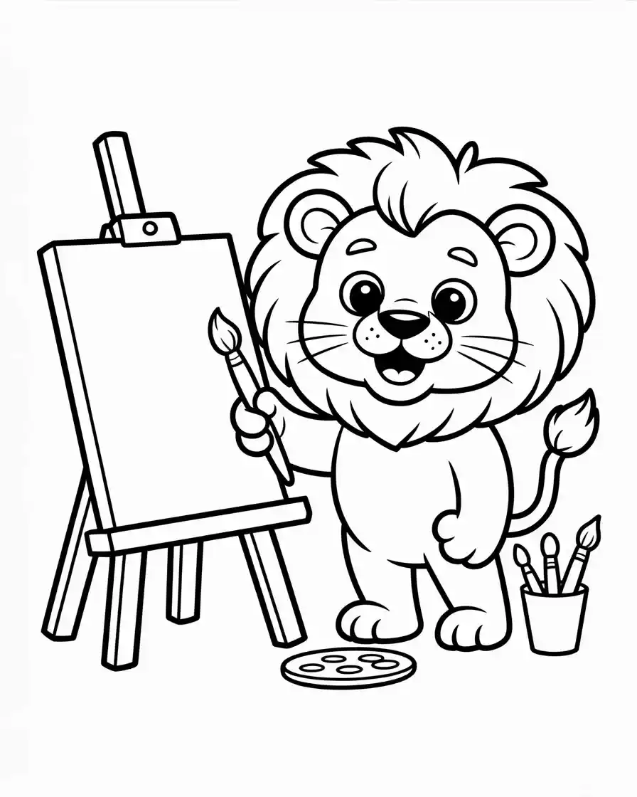 lion artist with easel coloring page