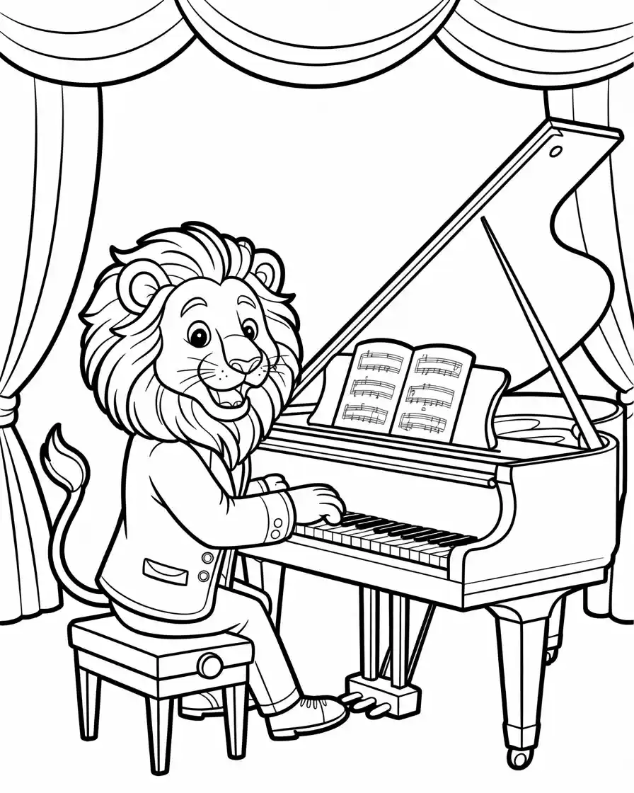 lion playing grand piano coloring page