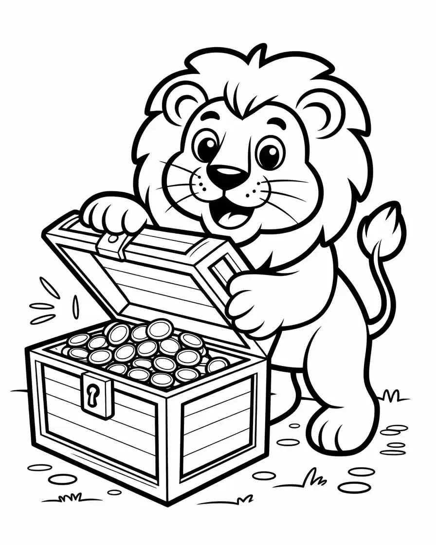 lion with treasure chest coloring page
