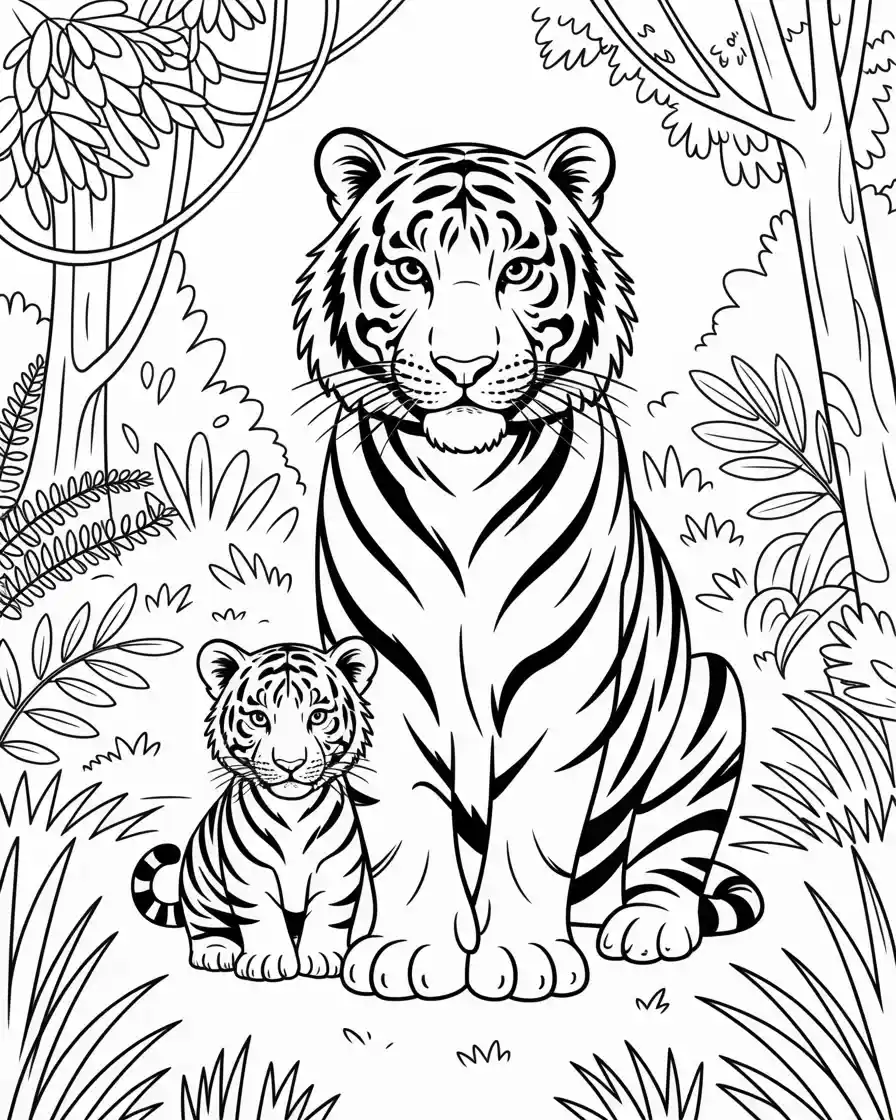 mother tiger and cub jungle line art