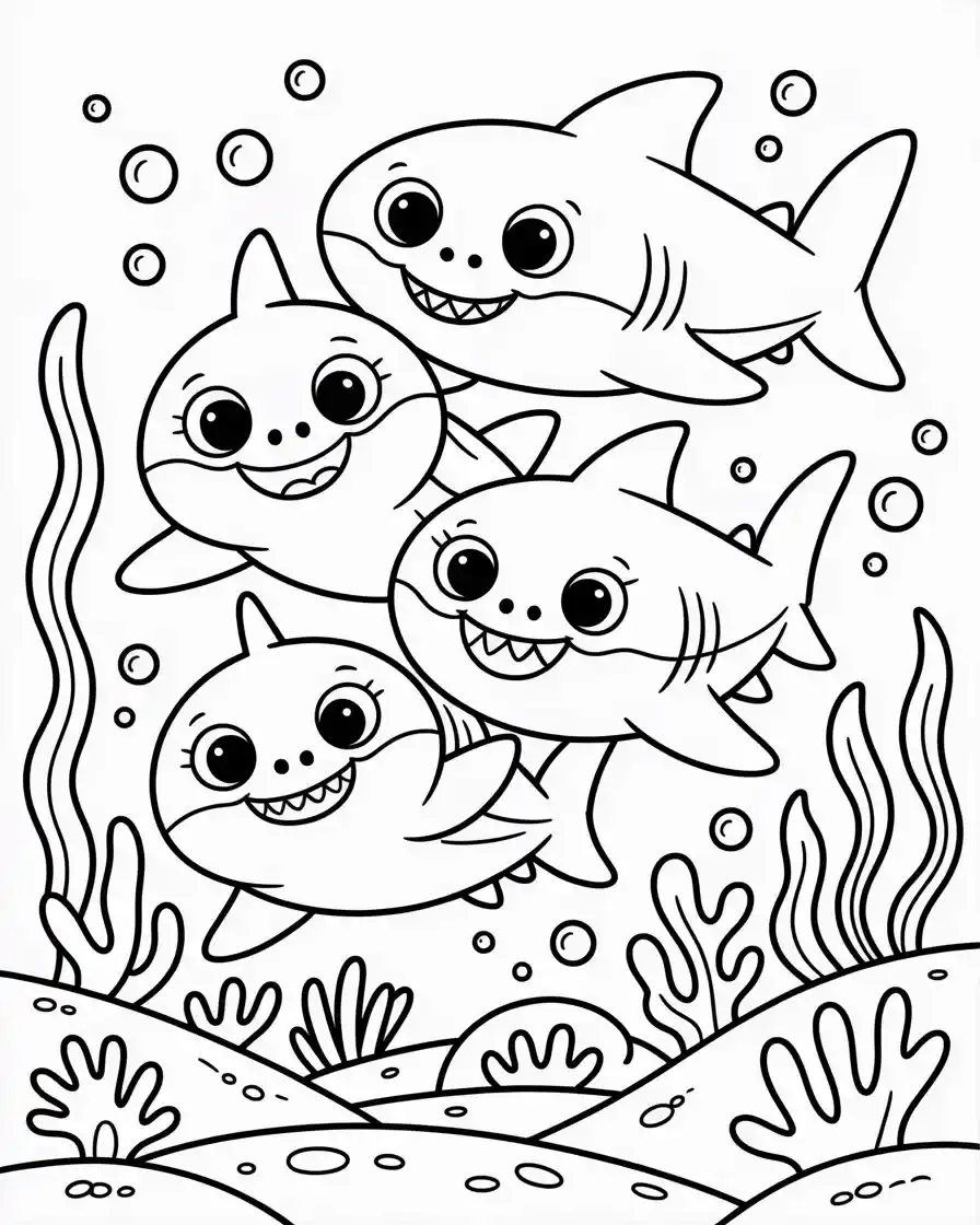 playful baby sharks underwater outline illustration