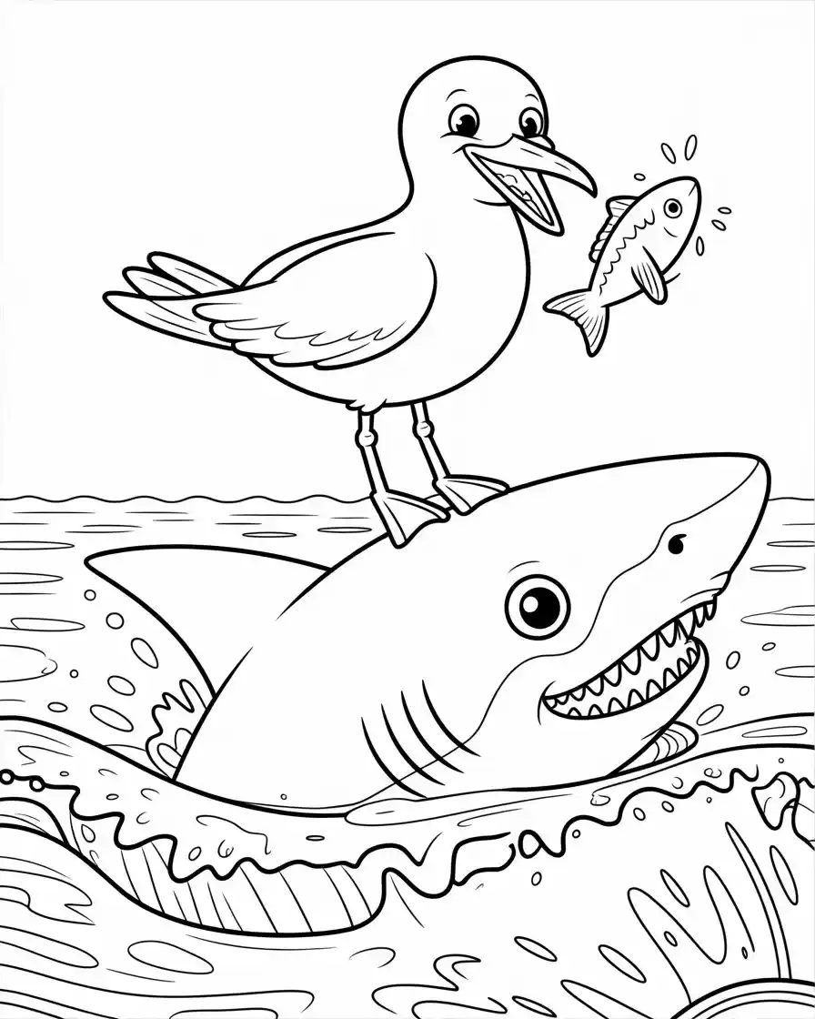 seagull riding shark fin ocean outline