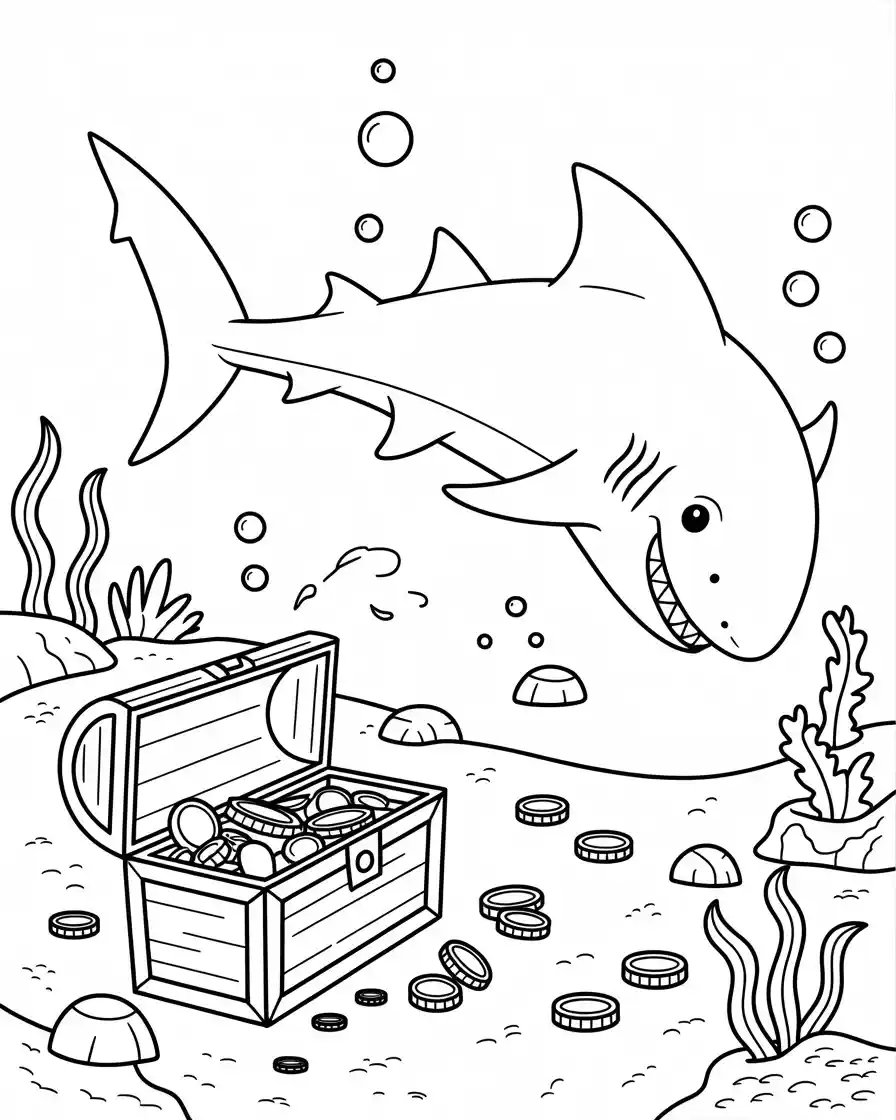 shark guarding treasure chest coloring page