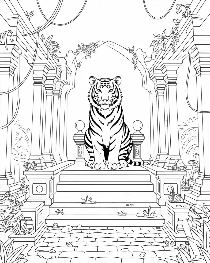 tiger king sitting on jungle throne line art