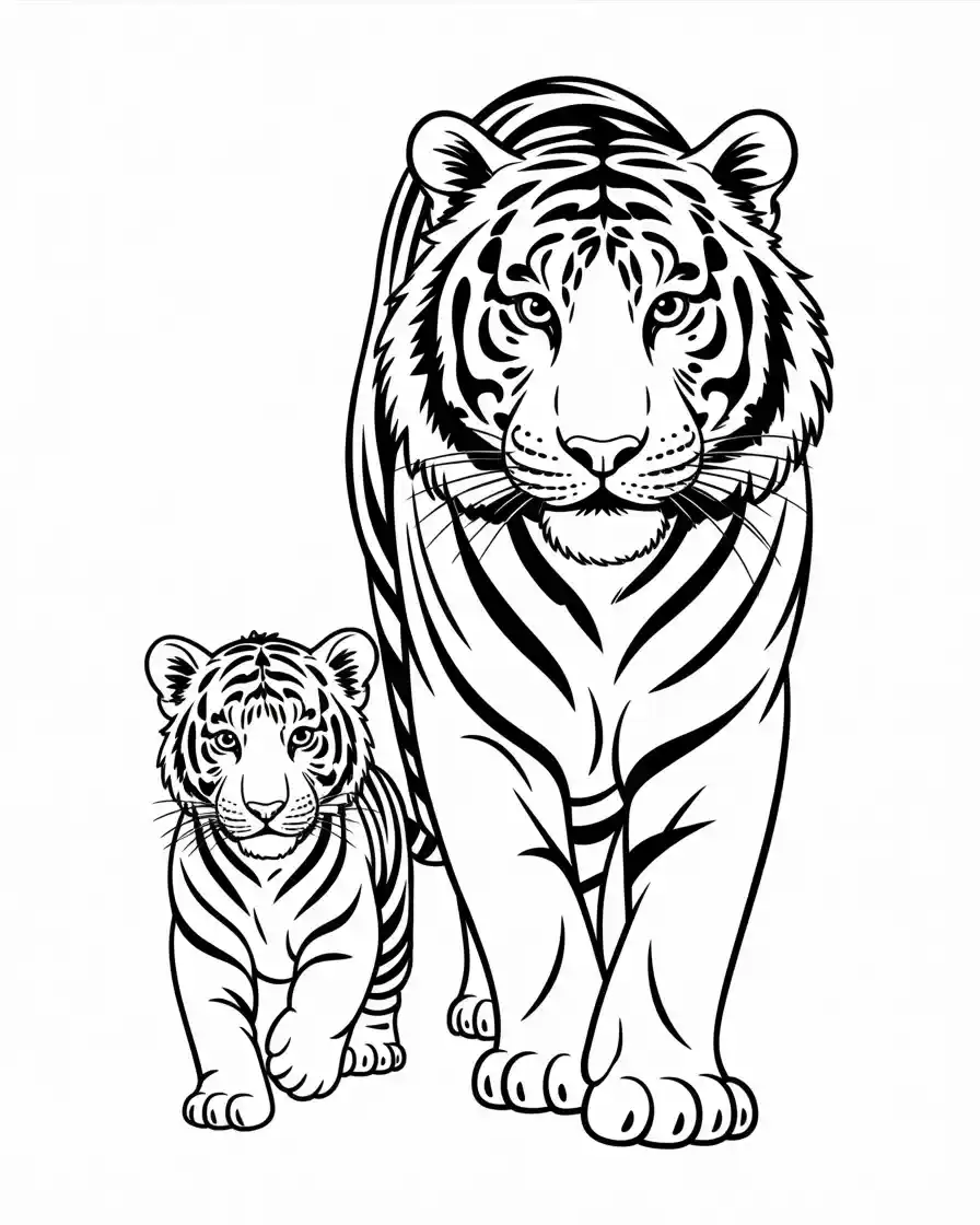 tiger mother and baby walking line art